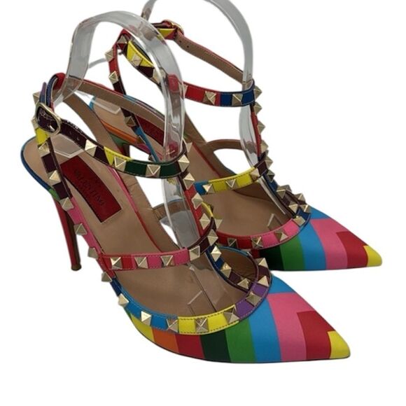 Valentino Garavani 1973 Rainbow Chevron Rockstud T-Strap Heels EU37.5/ US 7.5 - Picture 16 of 16